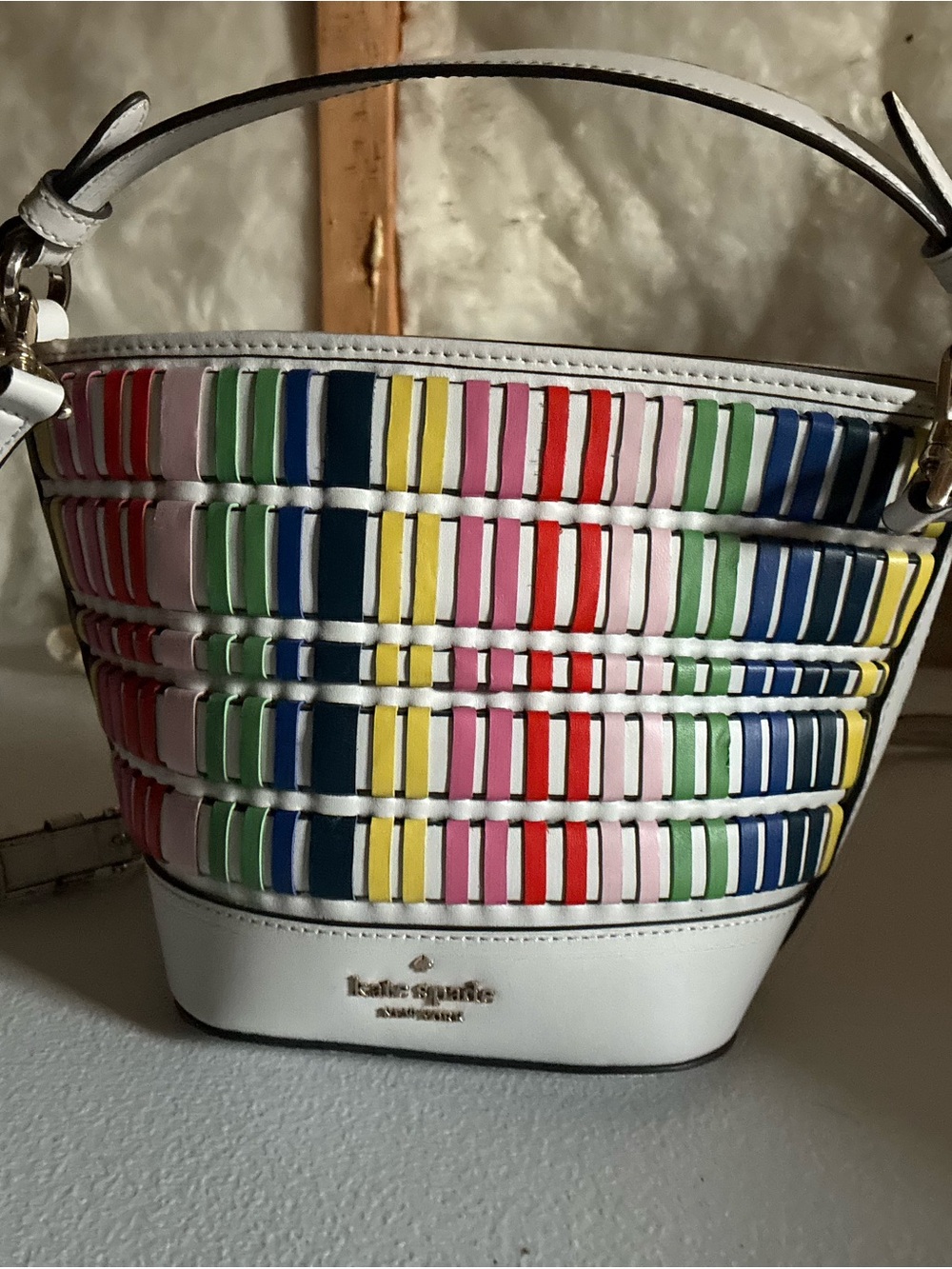 Kate Spade Pippa Woven Multicolored leather strap crossbody bucket bag purse